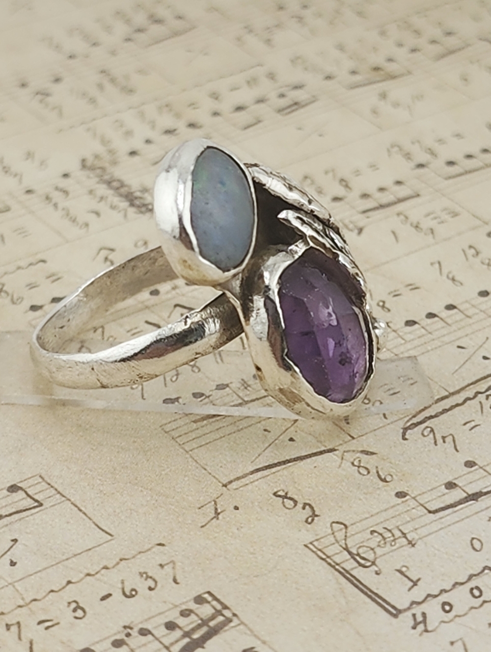 OPAL & AQUAMARINE HANDMADE RING IN STERLING SILVER SZ 8.5 - Picture 5 of 11